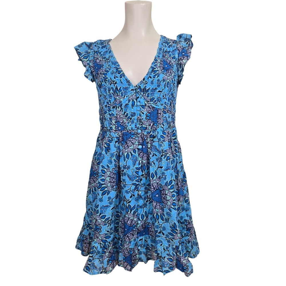Anthropologie Peregrine Mini Dress XS Blue Floral Smocked Flutter Sleeve Summer